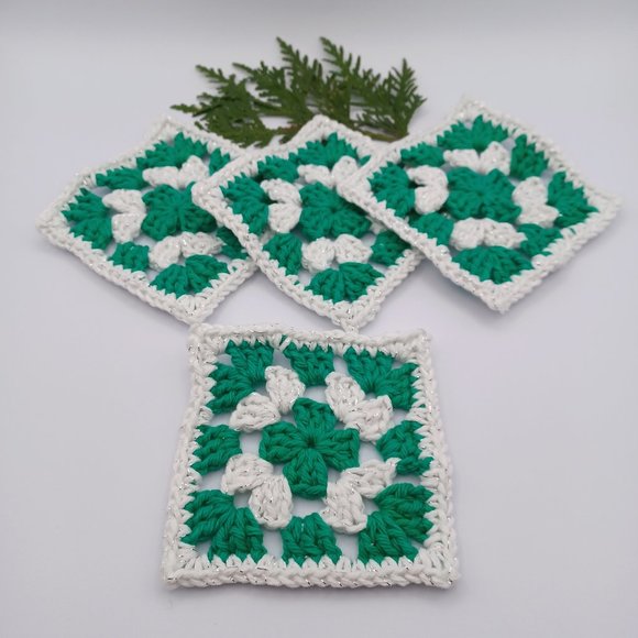 Handcrafted Cotton Coasters - Set of 4 - Christmas Green, White, and Silver - Picture 3 of 6